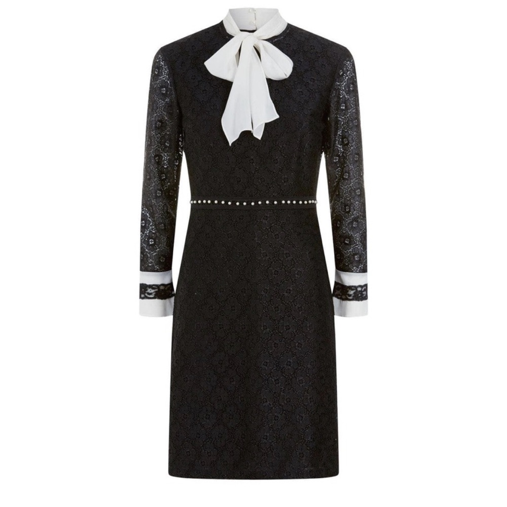 Sandro Paris Horse Tie-Neck Lace Dress Black Cocktail Pearl Long Sleeve